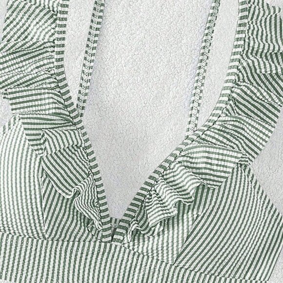 Green Women's Swim Summer Beach Striped Ruffle Trim Bikini Swimsuit - Picture 4 of 6